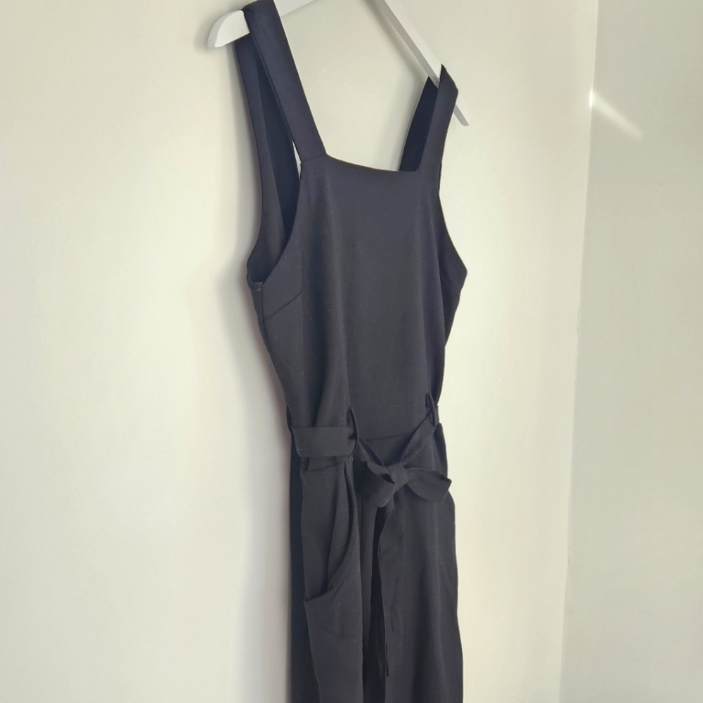 Monteau Black Linen Rayon Blend Tie-Waist V-Cutout Back Cropped Jumpsuit Size L - Picture 2 of 11